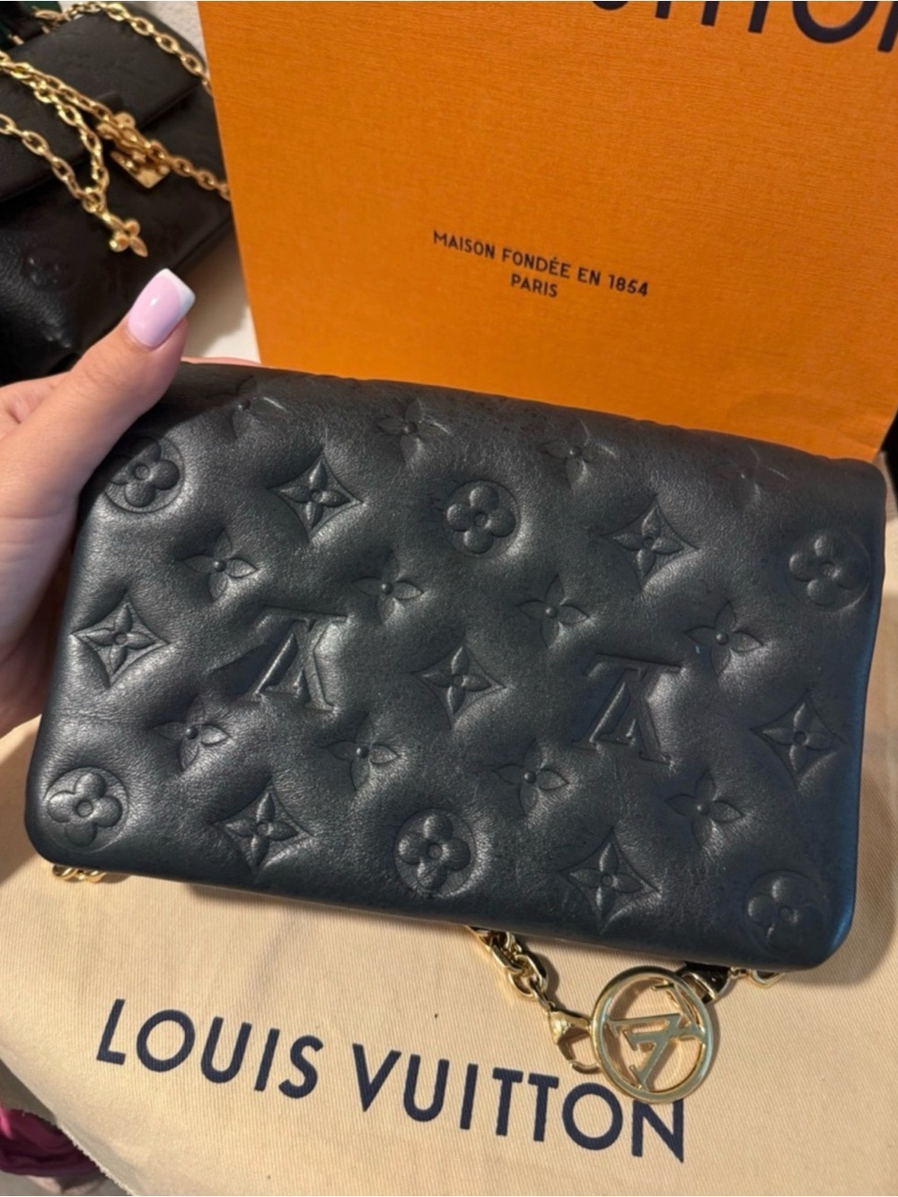 Louis Vuitton Black Monogram-Embossed Crossbody with Gold Chain - Picture 2 of 6